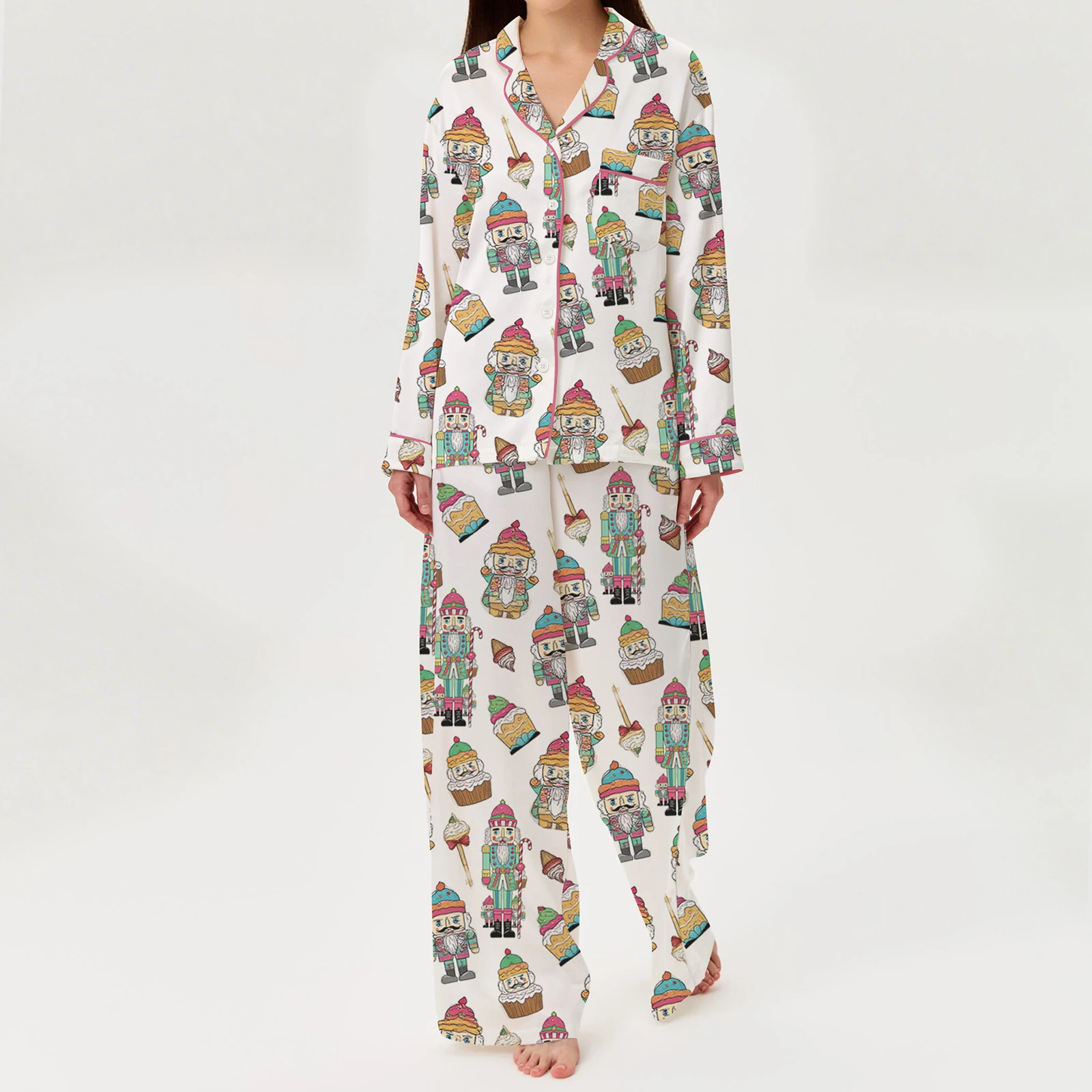 Comfort Women Christmas Pajama Set, Santa Claus Print Long Sleeve Shirt with Pants Sleepwear Loungewear