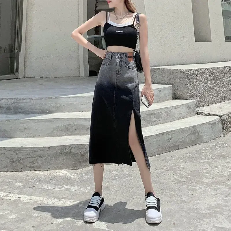 

Midi Tight Black Female Jeans Skirts with Slit Wrap Clothing Trend 2025 New in Korean Style Stylish V Women's Denim Skirt Cheap