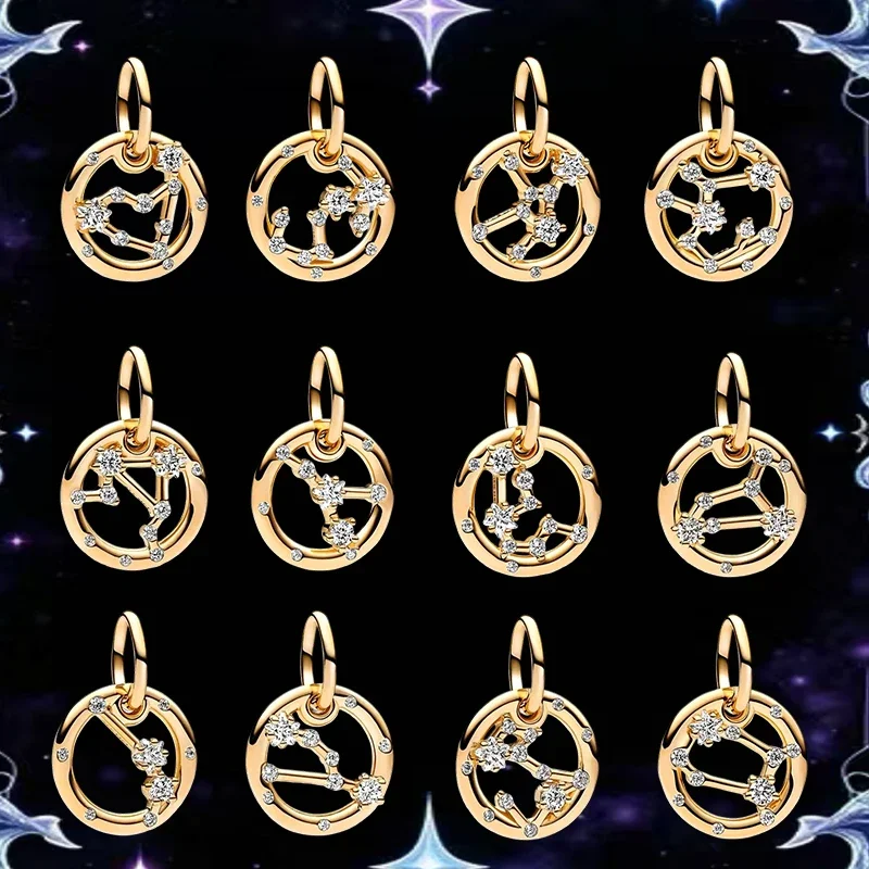 Sparkling Golden Lucky 12 Zodiac Charms Gemini Taurus Aries Virgo Beads Fit Original Bracelet Necklace DIY Jewelry Gift