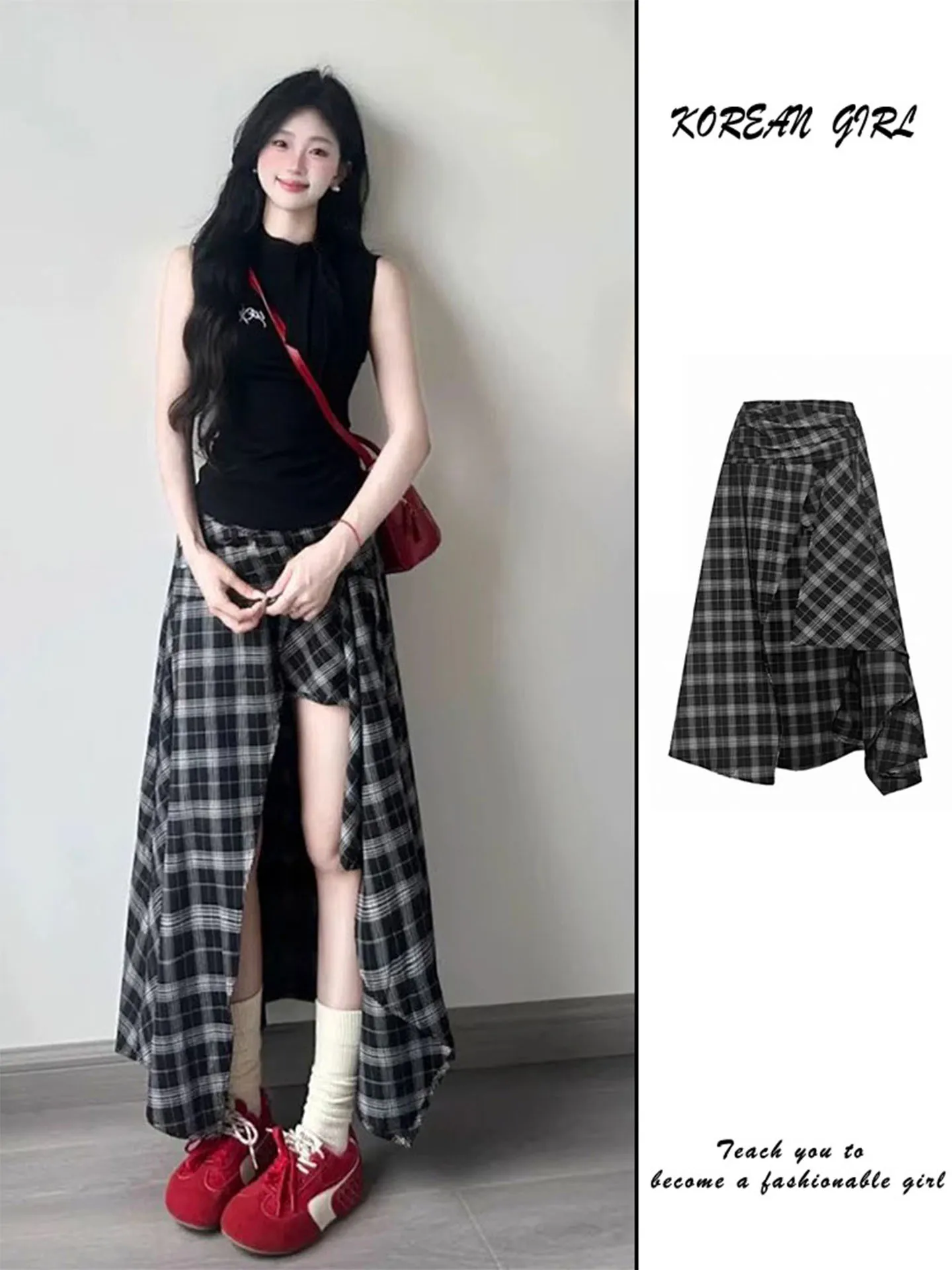 Spicy Girl Irregular Plaid Midi Skirt Women's Summer New Design Sensation Small Fork Mid-Length Skirts Korean Style High Wais...