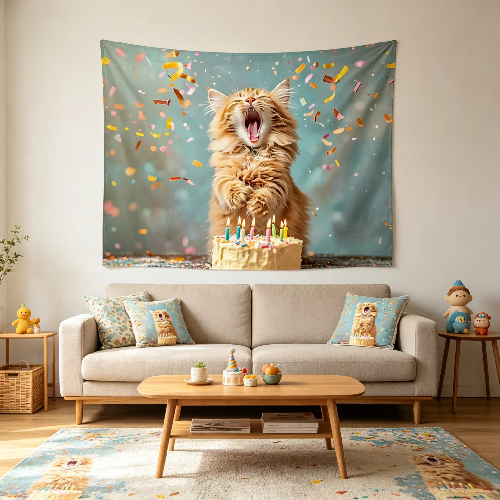 1PC Orange Cat Birthday Art Print Backdrop Banner, Bedroom Living Room Photo Background, Polyester, Home Decor, Wall Art