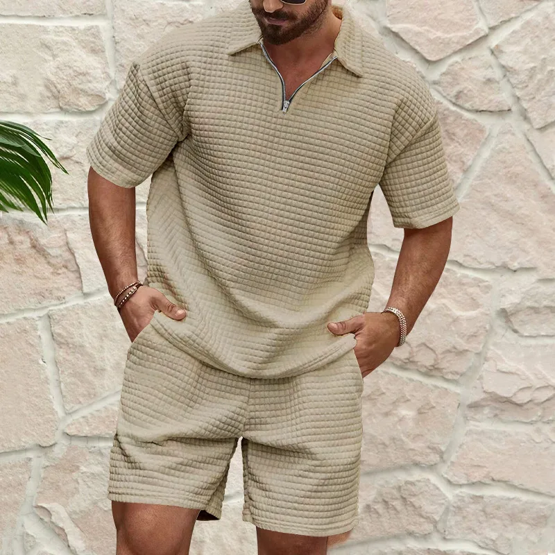 Summer Casual Trend Men\'sPolo shirt+shorts Fashion Comfort Waffle Solid Color Turtleneck Tracksuit Short Sleeved T-shirt Set