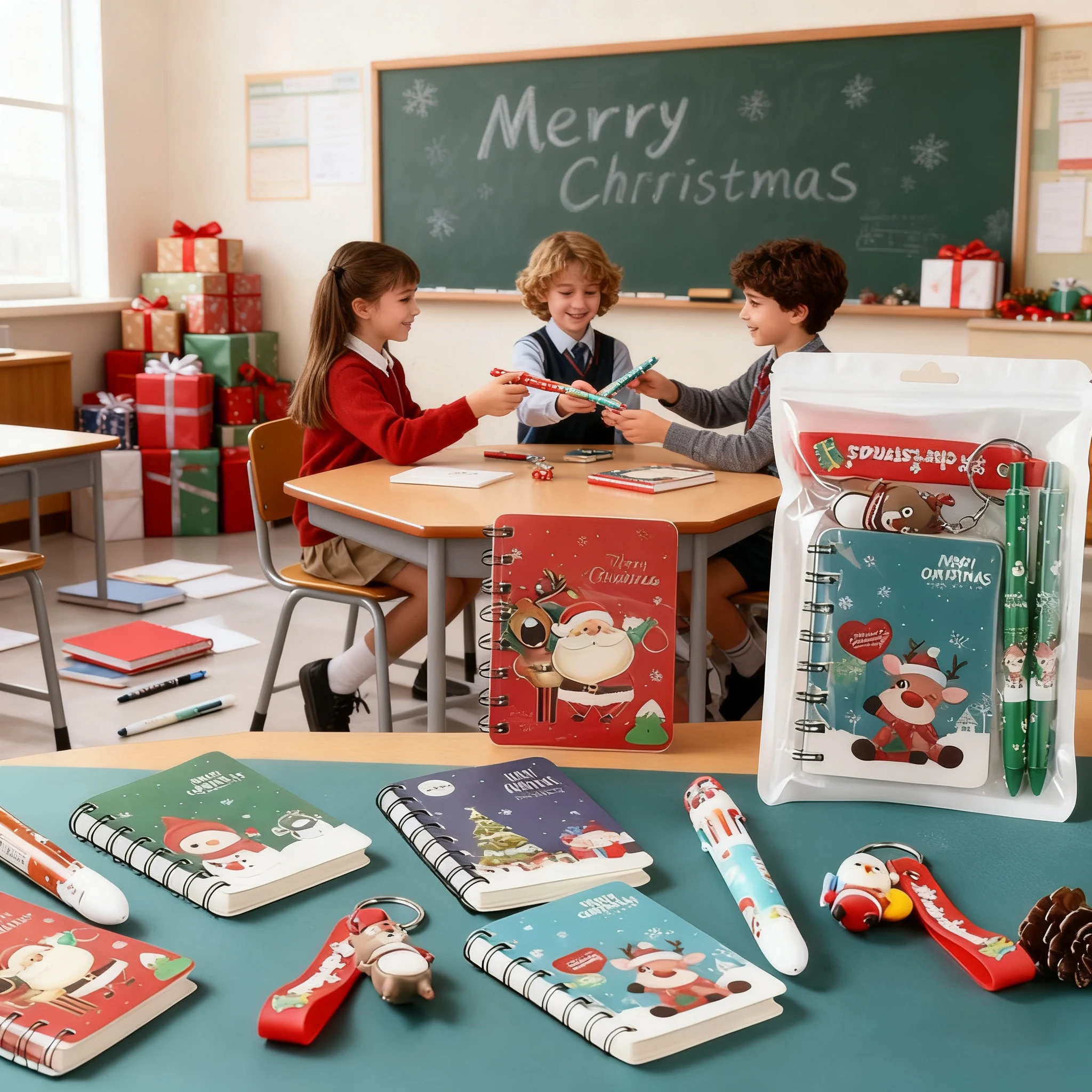 Christmas Stationery Set - Notebook & Ballpoint Pen Gift Pack - Keychain Set - Student Exam Reward - Christmas Gift