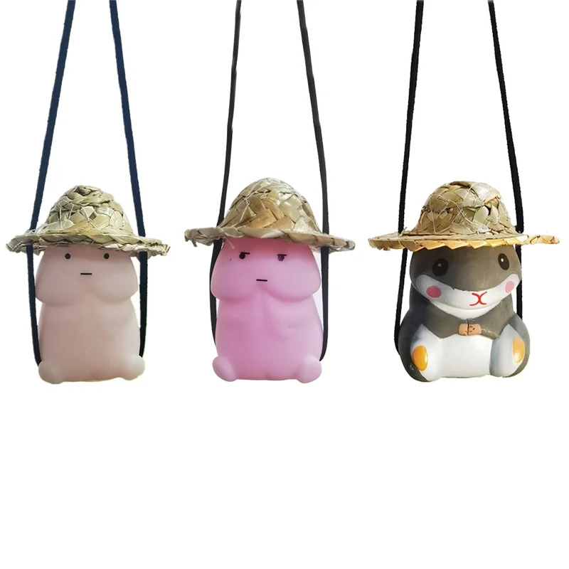 3PCS Interesting Swinging Straw Hat Cartoon Pendant Car Hanging Ornament for Rear View Mirror Car Pendant Hanging Swing