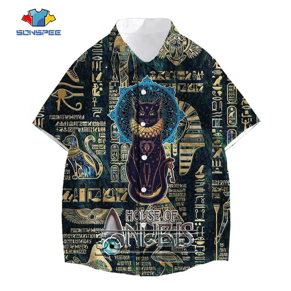 

SONSPEE Summer House of Anubis Ancient Egyptian Art 3D Print Botton Shirt Men Women Classic Cat Blouse Short Sleeve Hip Hop Tops