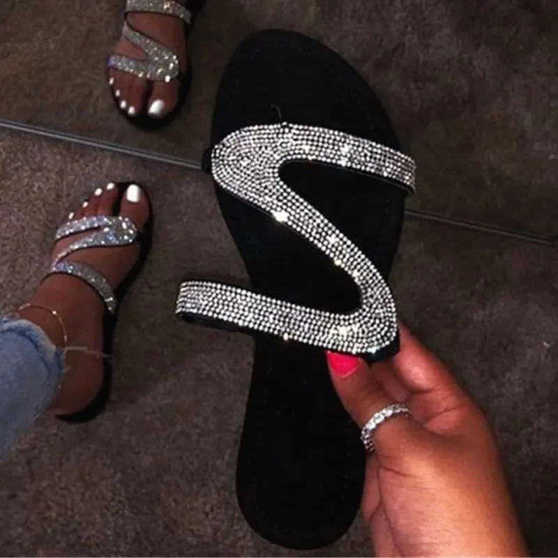 Sexy Women Sandals Summer Beach Shallow Mouth Rhinestones Ladies Fashion Show Comfortable Light Shoes Sandalias Femininas