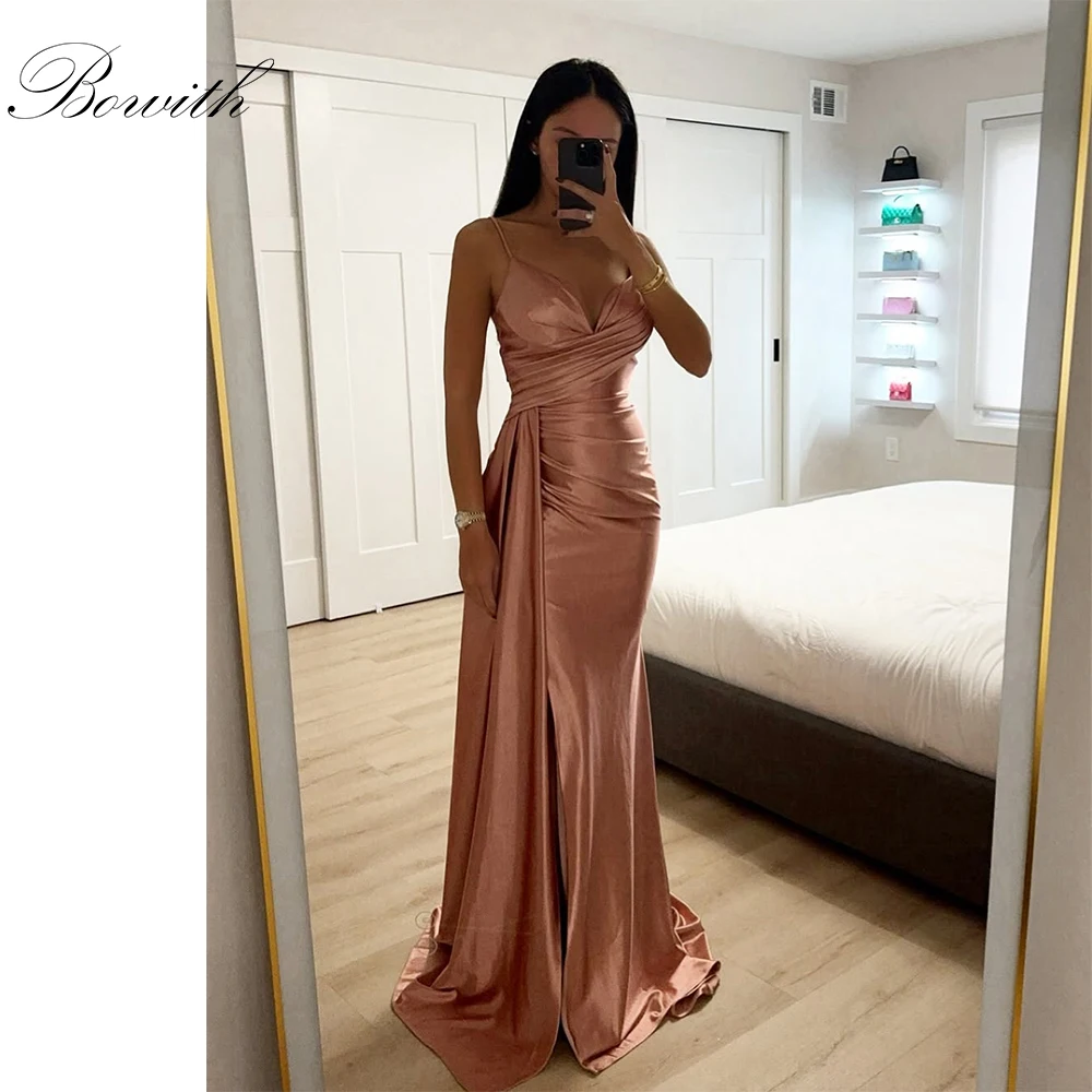 

Bowith Spaghetti Straps Evening Dresses V-Neck Pleated Side Slit Party Dresses Elegant Customized Satin Prom Dresses 2025