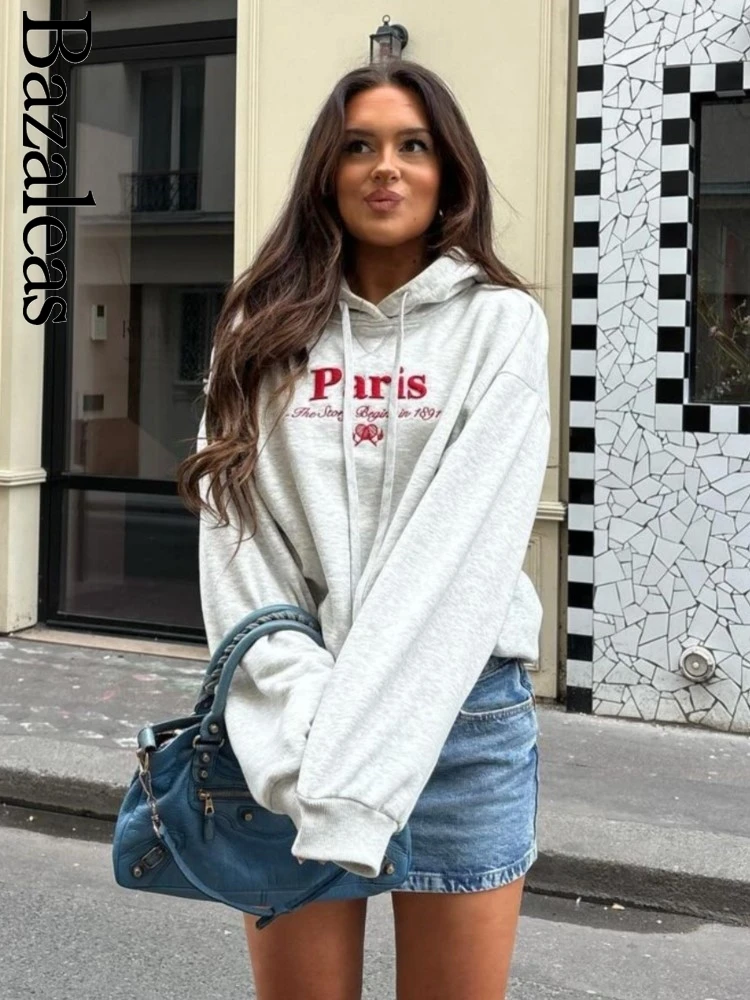 Bazara 2024 Women Loose Sweatshirt Traf Store Punk Hoodies  Casual Lady Pullover With Hat Y2K Letter Red Paris Embroidery Grey