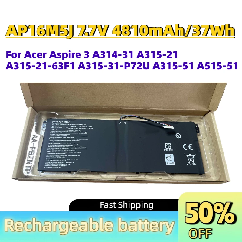 Hot Sale AP16M5J 7.7V 4810mAh/37Wh Laptop Battery For Acer Aspire 3 A314-31 A315-21 A315-21-63F1 A315-31-P72U A315-51 A515-51
