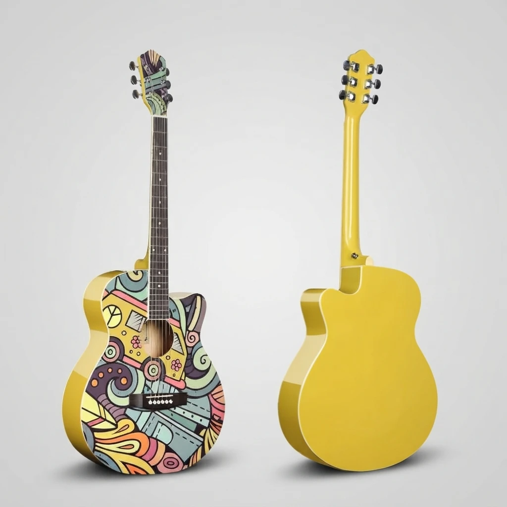 Yellow Gloss Finish Graffiti Art Pattern Cutaway Acoustic Guitar GA Shape 6 Strings for Beginners, Great for Daily Practice