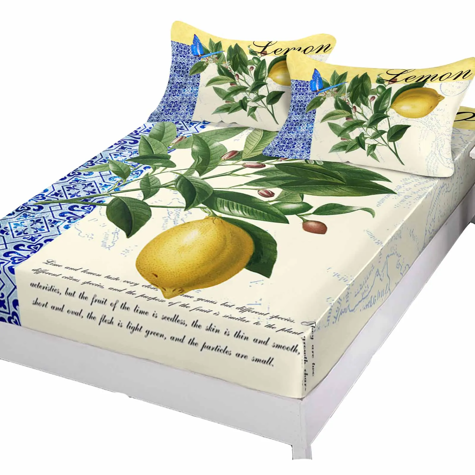 Lemon Watercolor Plant Art Polyester Fitted Sheet Mattress Cover Four Corners Elastic Band Bed Sheet Pilllowcase