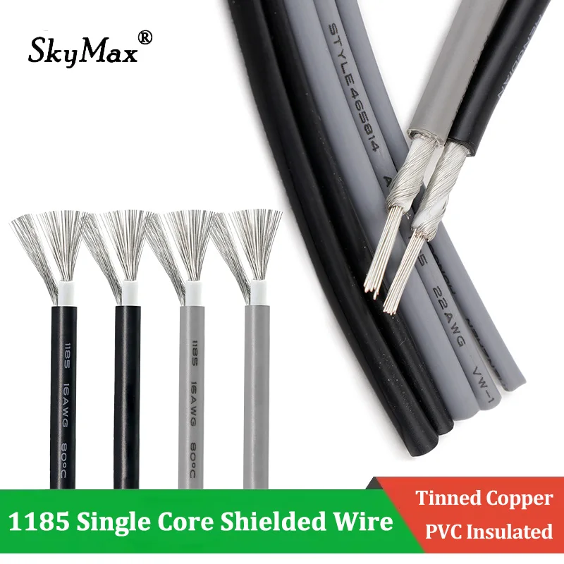 1-50m 1185 Shielded Electric Wire 28 26 24 22 20 18 16 14 12 10AWG Single Core 300V Shielding Signal Channel Audio Copper Cable