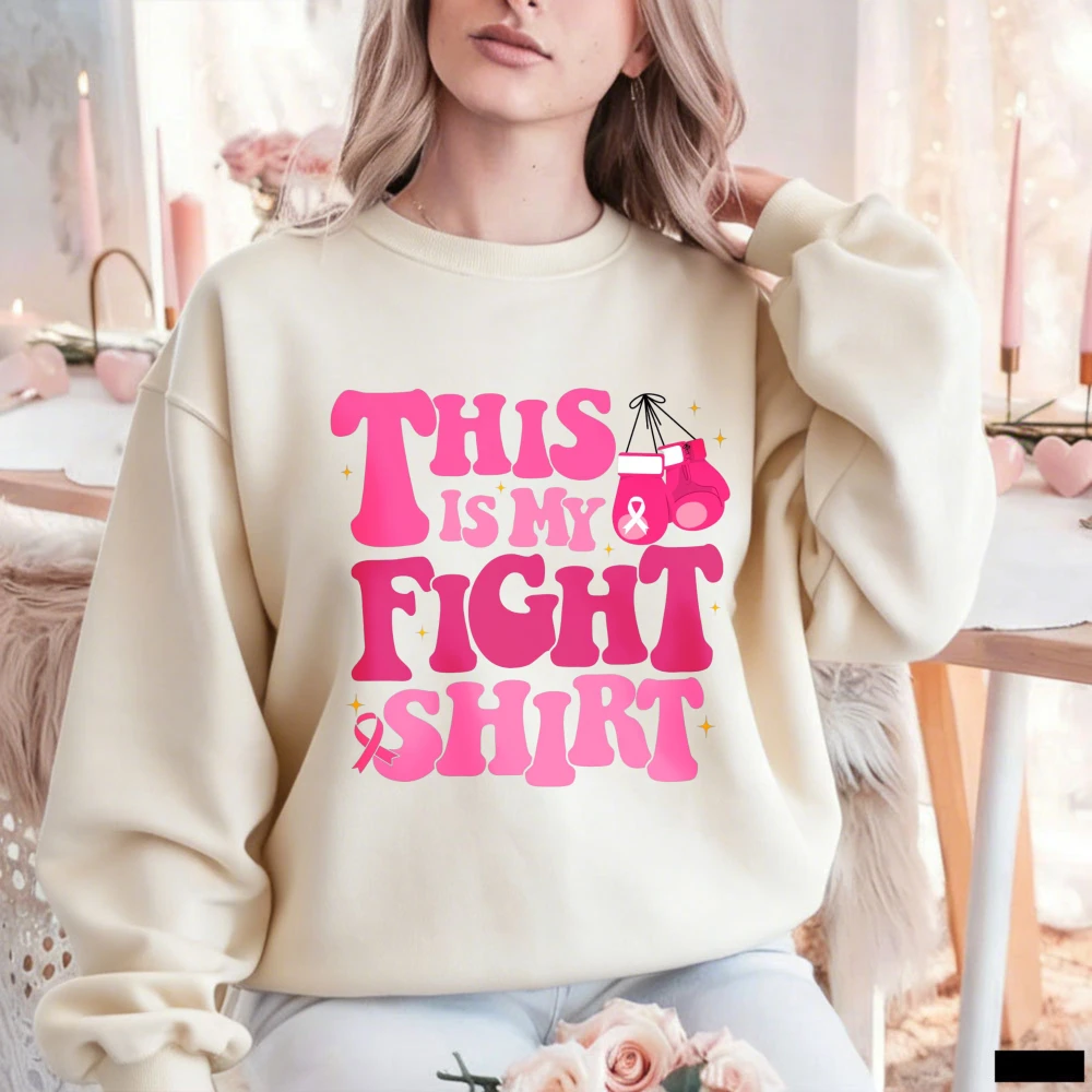 This Is My Fight Shirt Boxing Gloves Pink Ribbon Breast Cancer Awareness Graphic Pullover Casual Long Sleeve Loose Women Sweat