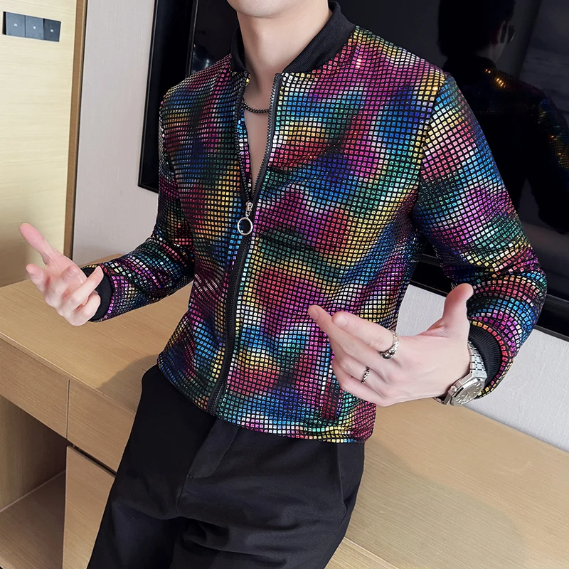 

2025 Fashion Colorful Sequins Nightclub DJ Jacket Men Fashion Casual Street Wear Coats Sexy Stage Performance Costumes M-5XL