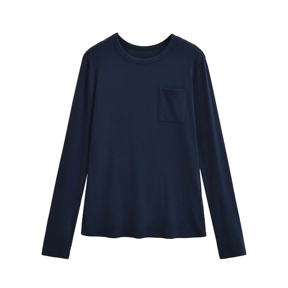 T-shirt à manches longues pour femmes, Design classique à col rond avec une poche pratique sur la poitrine, pour un usage quotidien, y2k, 2025