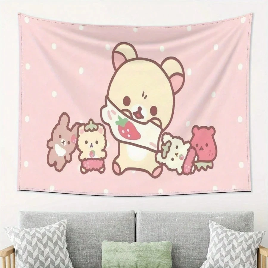 1pc Kawaii Strawberry Bear Tapestry - Polyester 2D Print Pink Polka Dot & Cute Animal Design, Perfect Wall Decor Gift for Bedroo