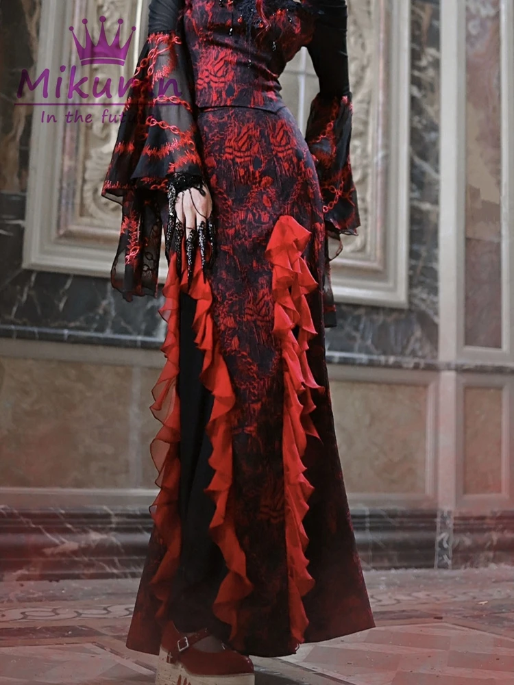 

Dark Gothic Skirs Women Red Thorns Rose Jacquard High Waist Ruffles Long Skirts