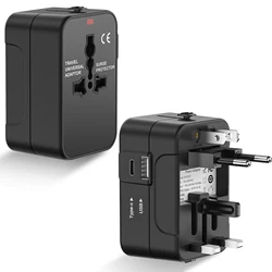 AU US UK EU Global Multifunction Convertible Travel Plug Adapter with 1 USB and 1 Tyep-c Port All-in-One AC Power Charger