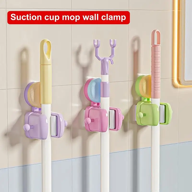 [MOA]Dopamine Suction Cup Mop Clip Mop Storage Rack No Drilling Required Strong Load-bearing Capacity Bathroom Holder[MOA]