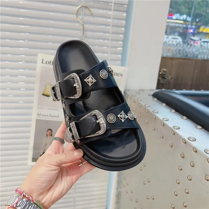 Summer Women Slippers 4cm Platform Leather Slippers Punk Hip-Hop Metal Decorative Mules Chains Thick Bottom Rhinestone Slides 40