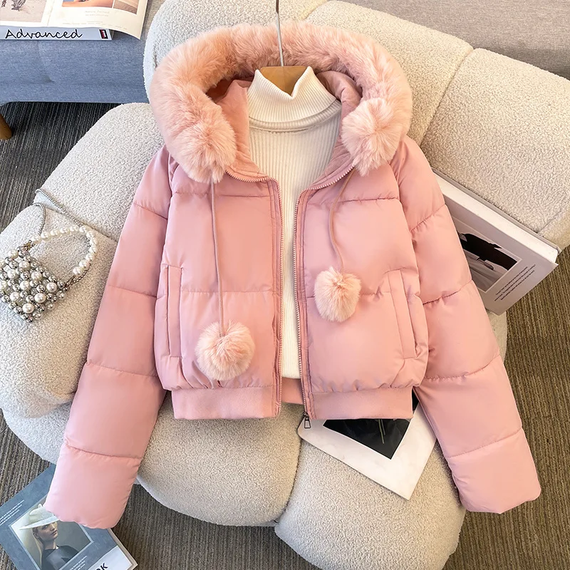 2025 Fashion Hooded Down Cotton-padded Coat Women's Winter Short Jackets Big Fur Collar Streetwear Parkas Student Warm Outerwear