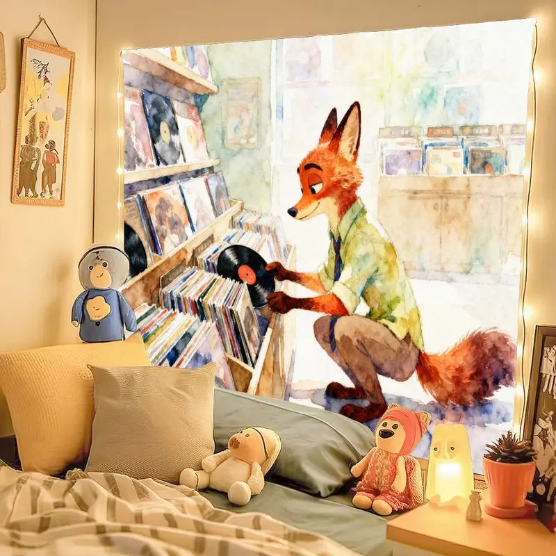 1PC Aesthetic Fox Vinyl Lover Polyester Tapestry, Watercolor Record Store Wall Art Retro Music Room Decor Gift.