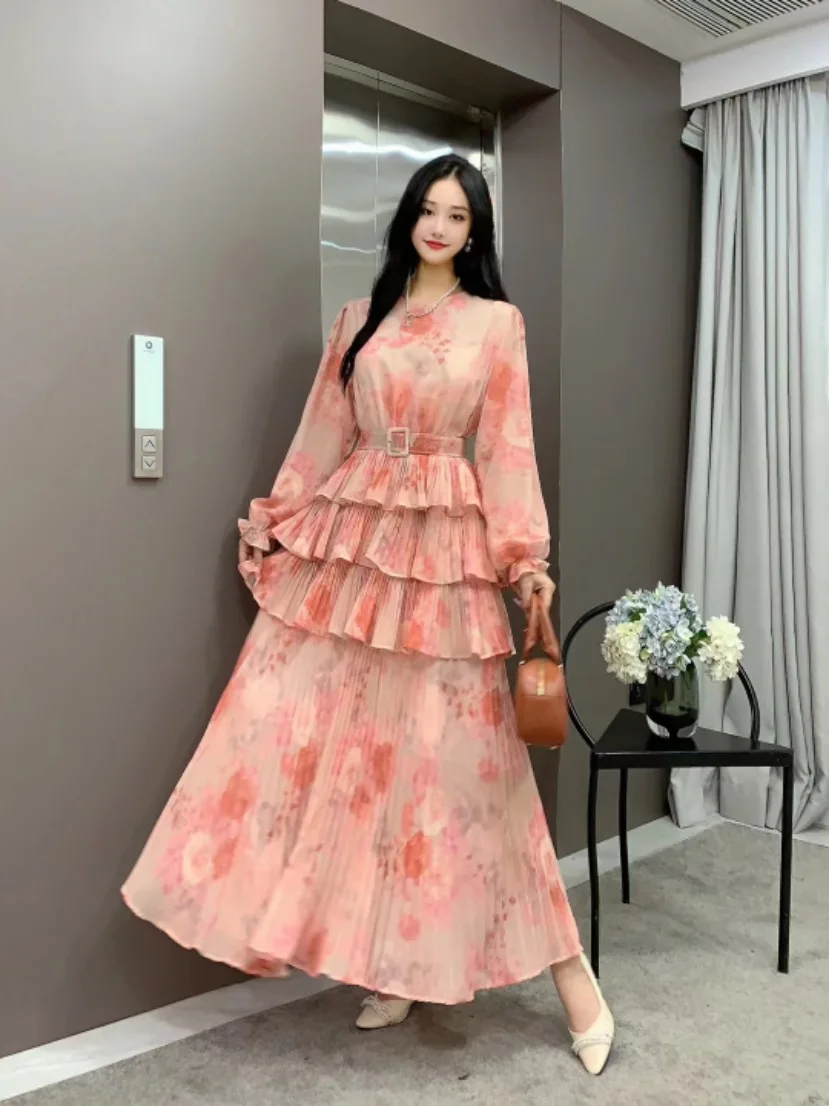 2024 New Spring Autumn Women Long Sleeve Belt Slim Long Dress High Quality Sweet Pleated Cake Big Hem Floral  Muslim Dress