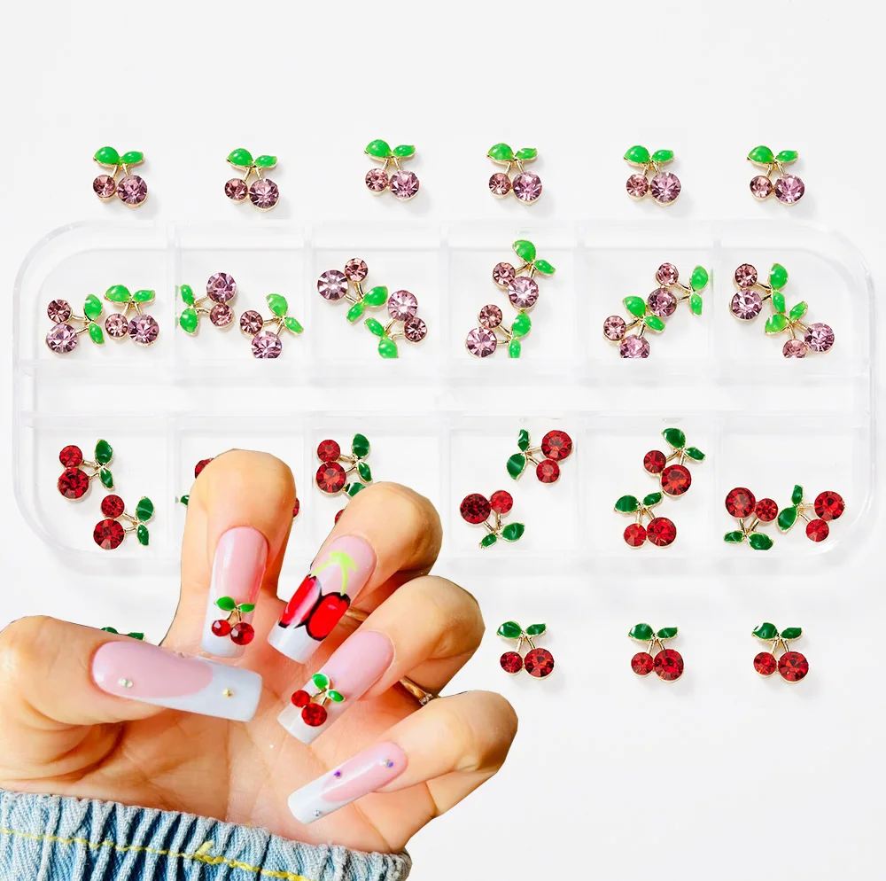 Mini Cherry Nails Charms 3D Shiny Rhinestones Red Pink Cherry Nail Decoration Gold/Silver Alloy Resin Luxury Cherry Nail Jewelry