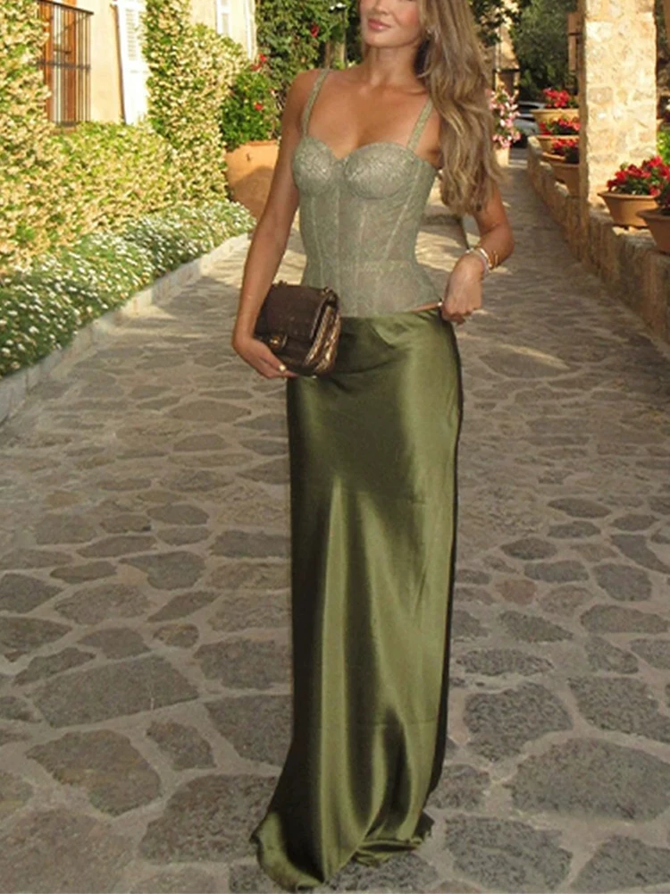 Modne stroje na wakacje, seksowny koronkowy top, kombinezon i zestaw z długą spódnicą, letni, ażurowy, bez rękawów, na ramiączkach, wyszczuplający strój na imprezę.