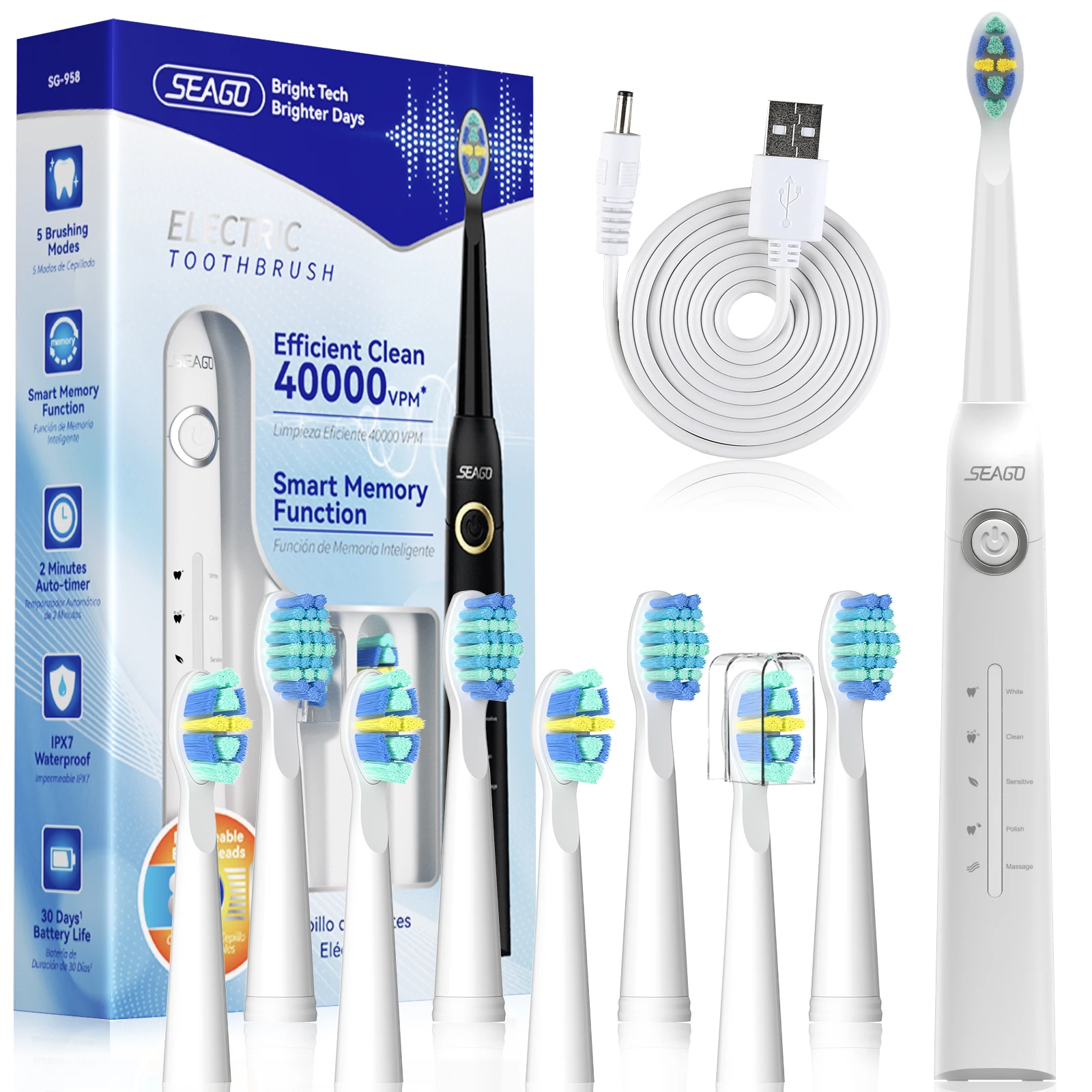 seago-sg-958-電動歯ブラシ防水音波大人用インテリジェントホーム-8-ブラシヘッド-usb