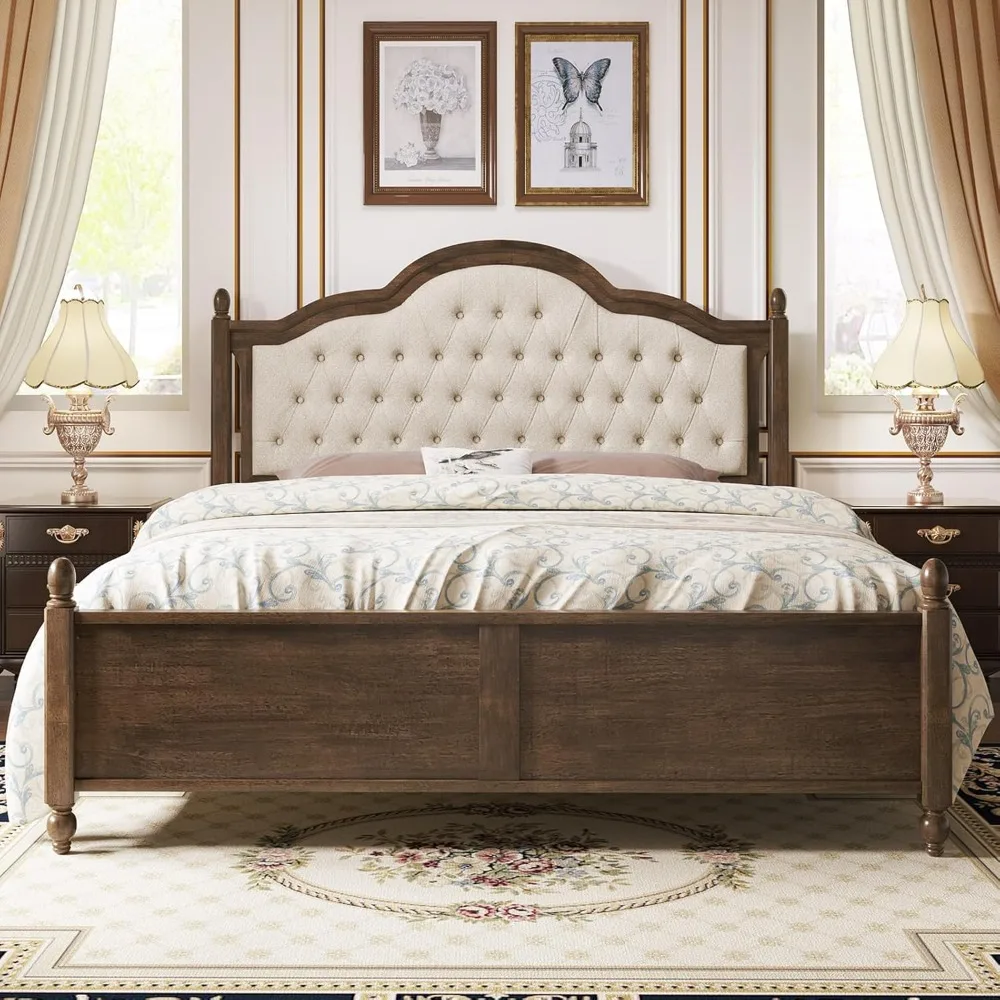 

Solid Wood Bed Frame with Linen Upholstered Headboard, Queen Size Wood Platform Bed with Wood Slats, No Box Spring Needed