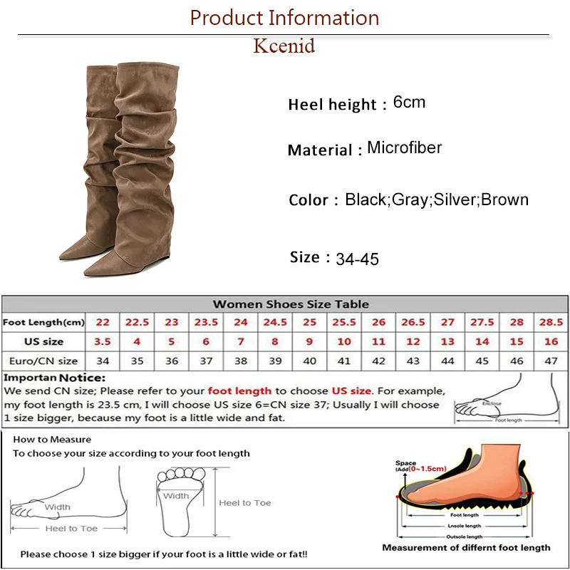 Kcenid Women Pleats Thigh High Boots Autumn Winter New Wedge Heeled Pointed Toe Boots Woman Slip On Western Long Boots Size 45