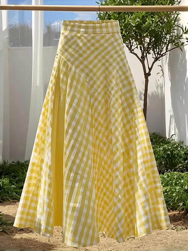 

Yellow Slim Waist Plaid A-line Skirt for Women 2025 Fashion New Mid-length Loose Skirts Summer All-match Falda Sexy Mujer