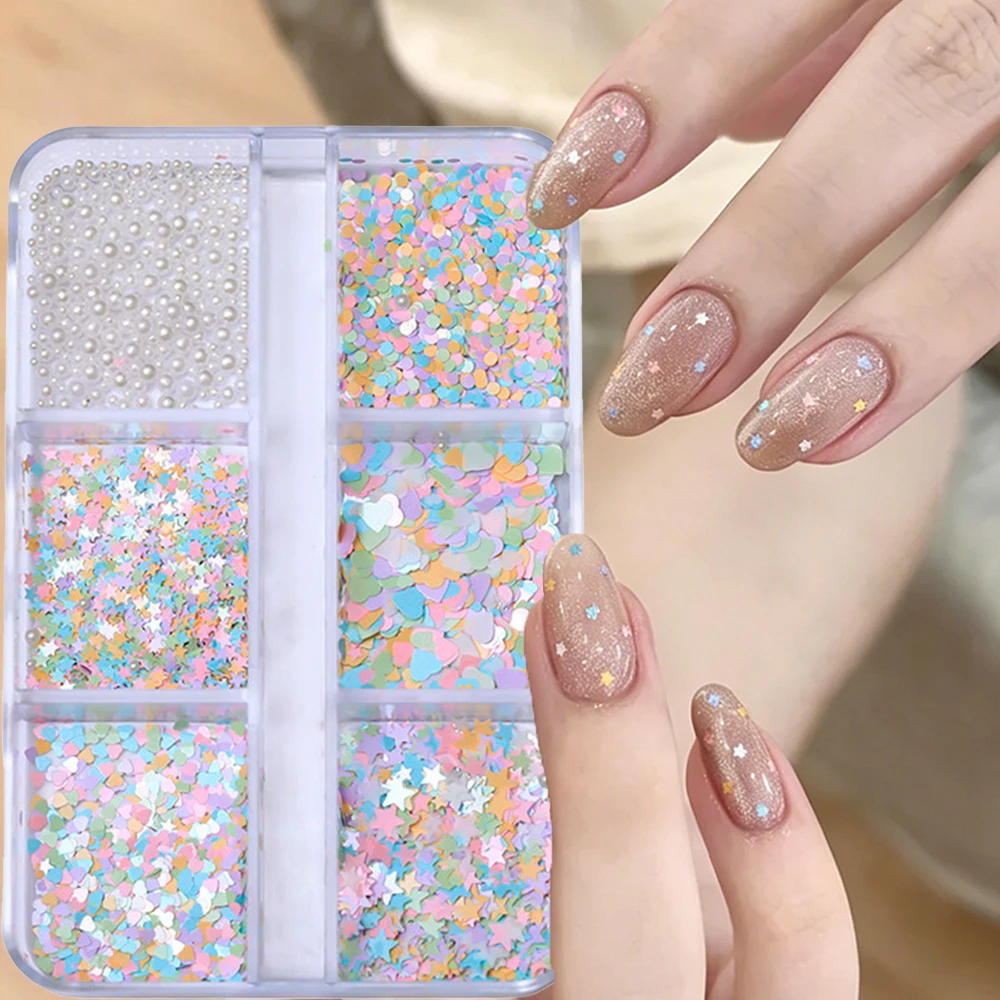 6 compartiments de paillettes pour ongles, motifs étoile, cœur, pentagramme, pois, couleurs macaron, strass pour nail art et perles blanches, pour DIY