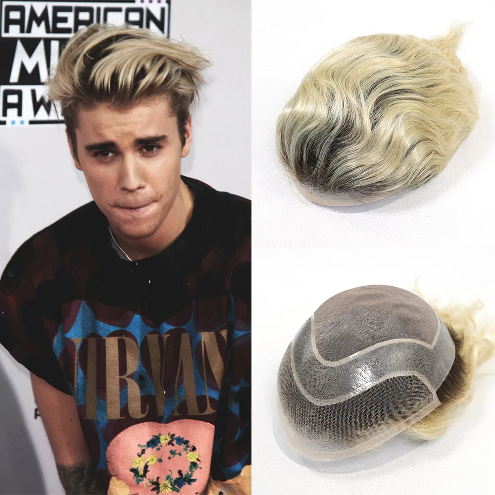 

Мужской парик-накладка 4T613 Ombre Blonde из натуральных волос с темными корнями, на кружевной основе, система восстановления волос для мужчин