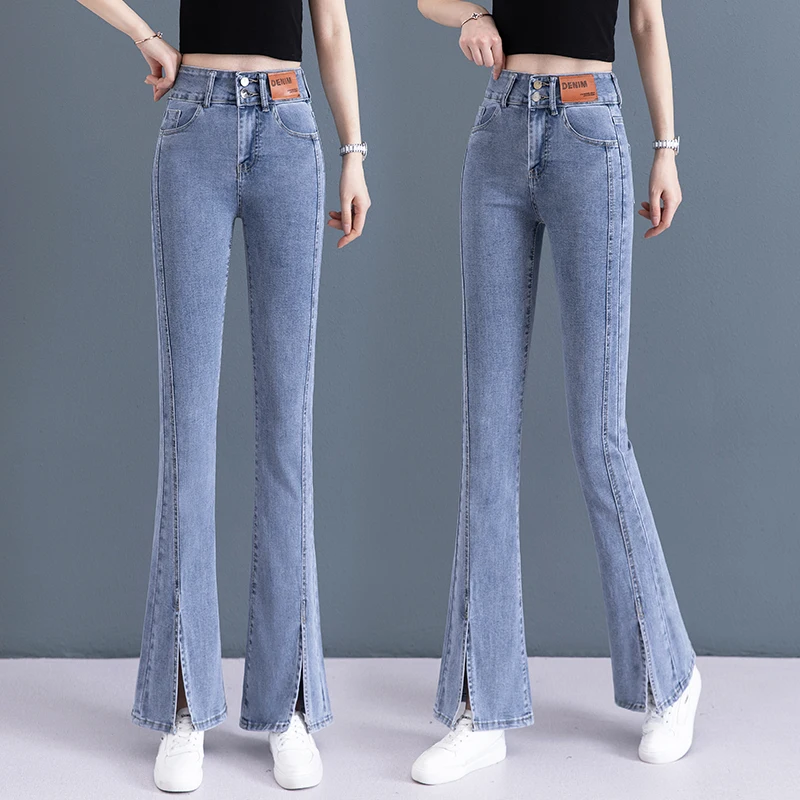 

Женские джинсы-клеш с высокой талией, свободного кроя, из эластичного хлопкового денима, весна-осень, новинка