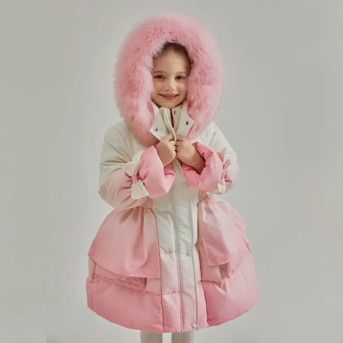 2024 New Girls Gradient Down Cotton Coat Korean Hooded Large Fur Collar Mid Length Children Casual Cotton Coat Trend