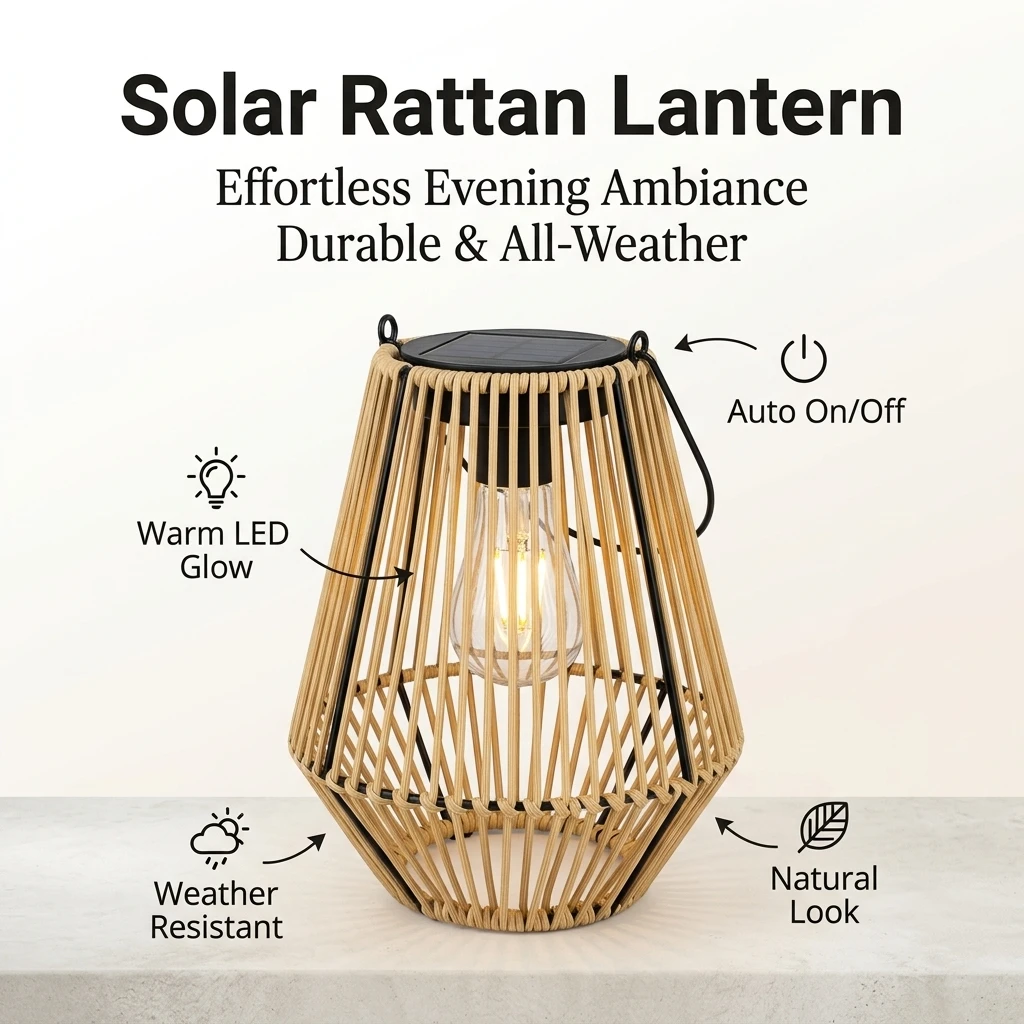 1Pc Solar Outdoor Lantern Warm LED Glow Auto On/Off Sensor Wireless Solar Powered Faux Rattan Hollow Woven IP65 Waterproof Rustic Shadow Projection Patio Garden Decor With Portable Handle Ideal Housewarming Gift