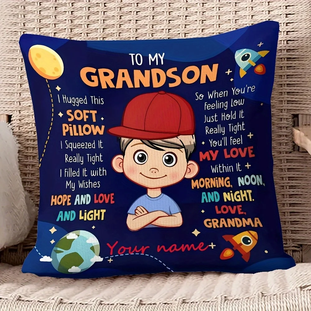 1PC Short Plush 'To My Grandson' Love Pillow Cover, 100% Polyester, Zipper, Washable, Double Sided Print, No Filler, Home Sofa