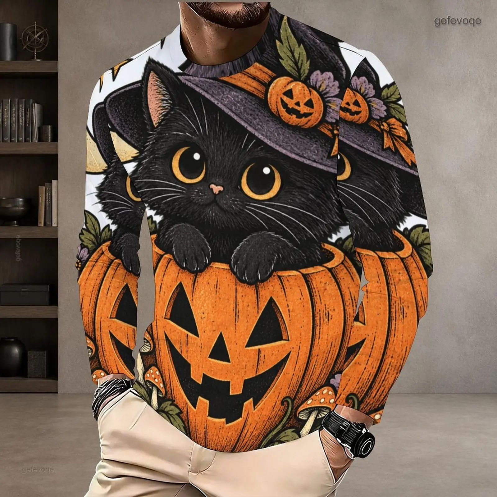 Men T Shirt with Print Round Neck Long Sleeve Pullover Straight Hem