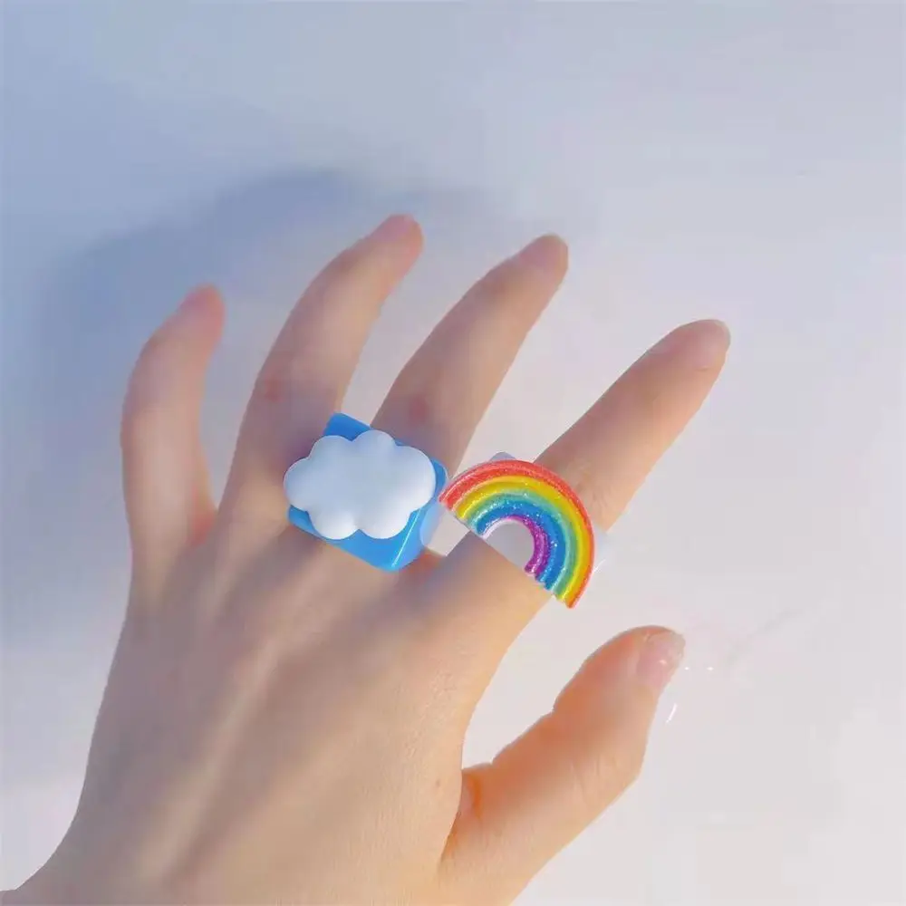 New Cute Cartoon Smiling White Cloud Rainbow Resin Acrylic Rings For Women Girls Funny Children Finger Ring Summer Jewelry Gift