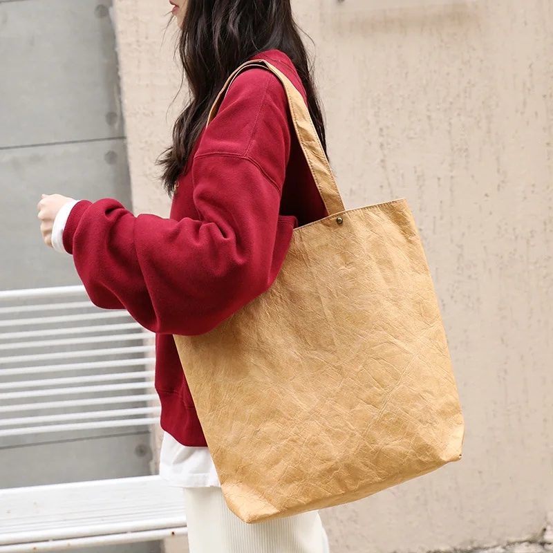 Ladies Kraft Paper Bucket Bag Female 2 Piece Set Handbag Women Simple Design Shoulder Bag Girls Eco Books Bag and Casual Totes