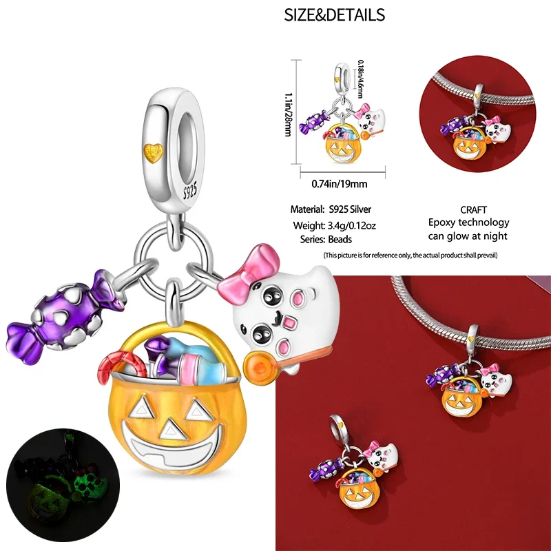 Novo 925 prata esterlina halloween bruxa esqueleto morcego charme 925 corrente frisado caber pulseira original diy senhoras jóias