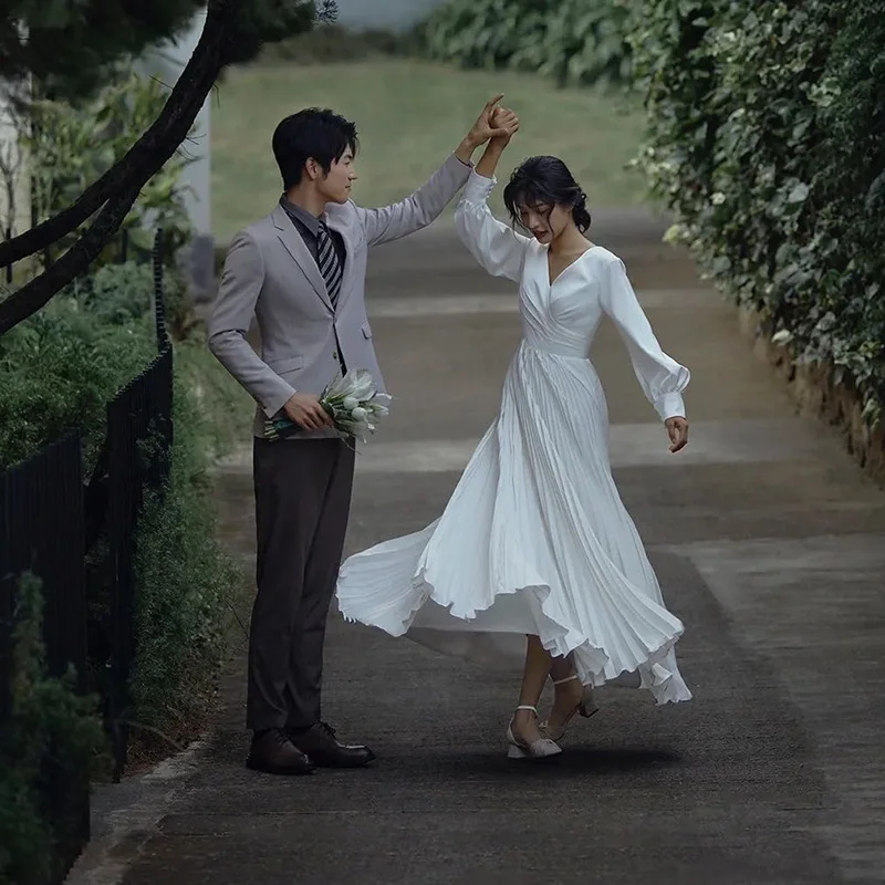 

French Style Light Wedding Dress Bride Travel Shoot Elegant Simple Long Sleeve Satin Outdoor Dress Engagement Dress Petite