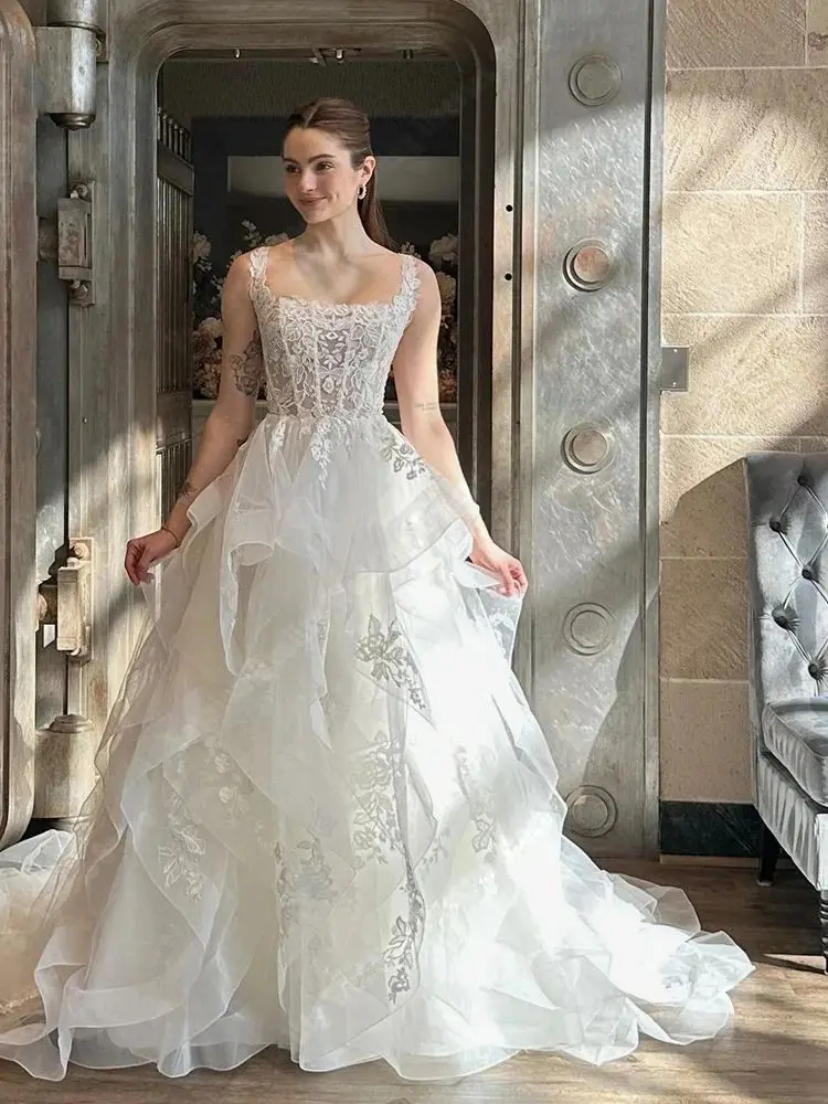 Elegant  Sleeveless Sweetheart Collar Tulle Wedding Dresses A-Line Bridal Gowns Sexy Mopping Length Princess Vestidos De Novias