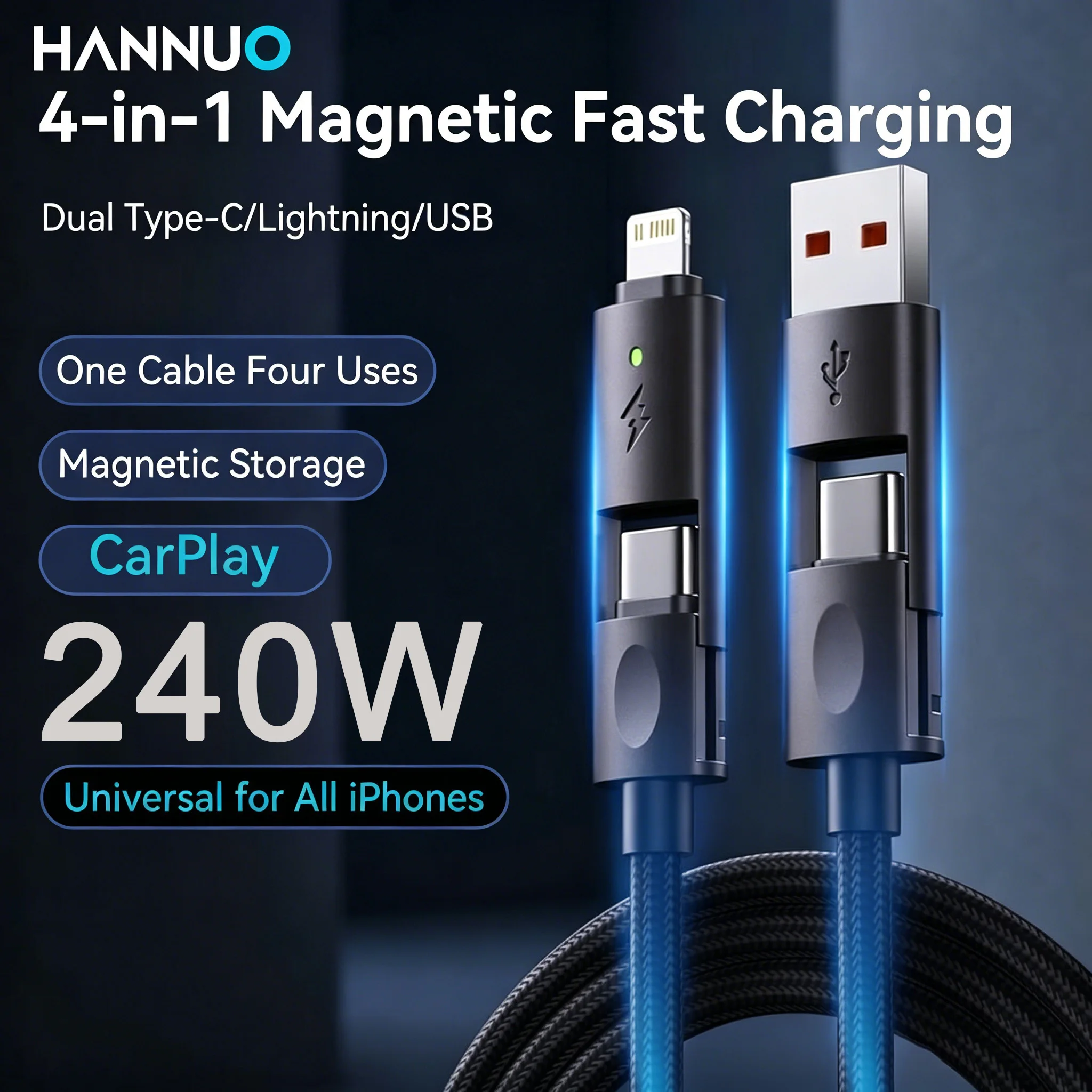 

HANNUO 240W PD Fast Charging Wire 4 In 1 Digital Display USB Cable Type C For iPhone Macbook iPad Xiaomi Magnetic Charging Cable