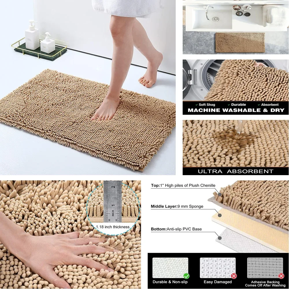 Chenille Bath Rugs Extra Soft Absorbent Shaggy Bathroom Mat Rug Machine Washable Non-Slip Plush Carpet for Tub Shower Bath Room