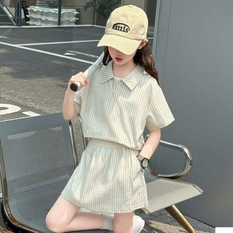 2026 Summer Girls Set Clothes Teenager Striped T-Shirt + Tennis Pleated mini Skirt 4 5 6 7 8 10 11 12 Year Tracksuit