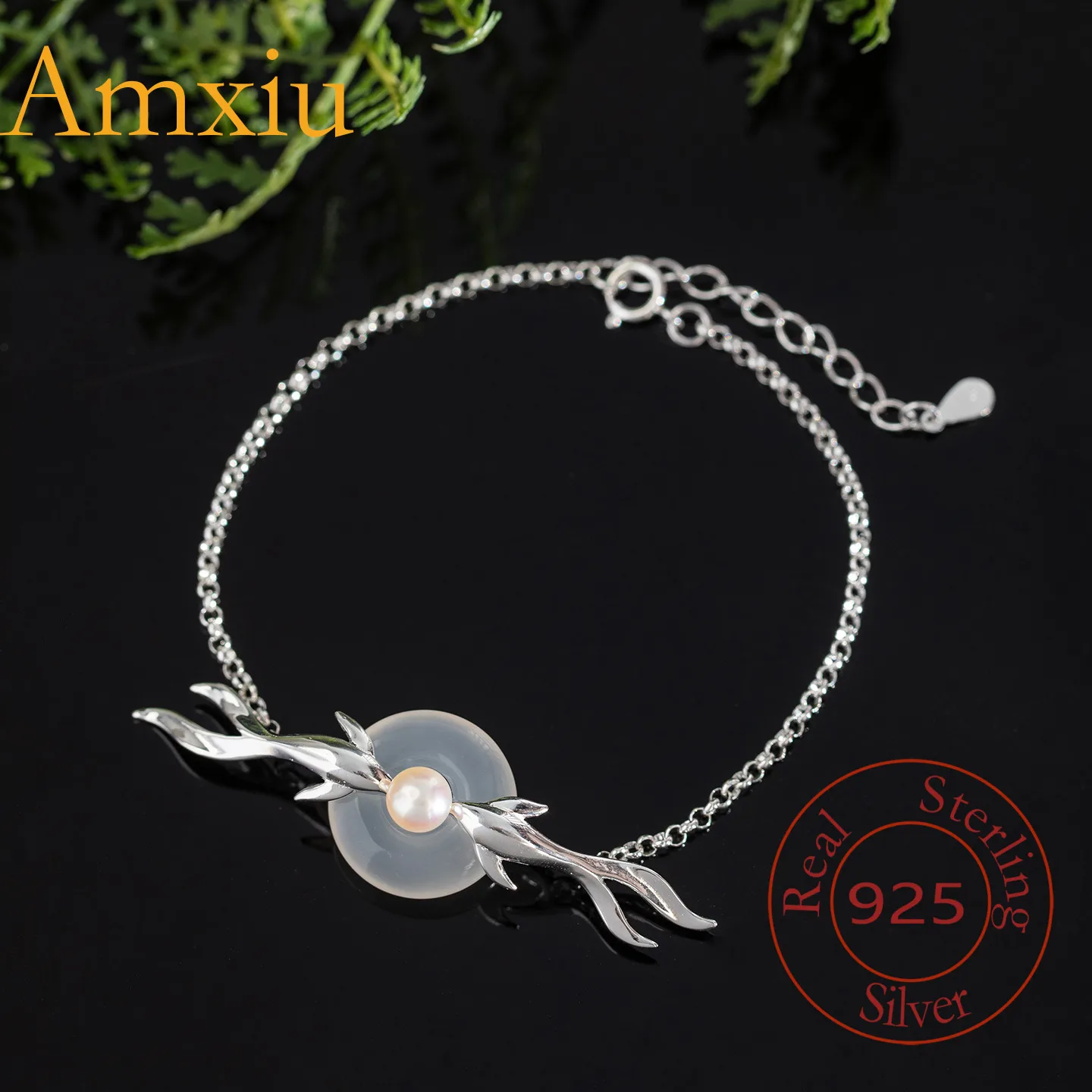 

Amxiu Sterling Silver 925 Original Design Vintage Chinese Style Agate Peace Buckle Koi Bracelet Fashion Jewelry Wholesale