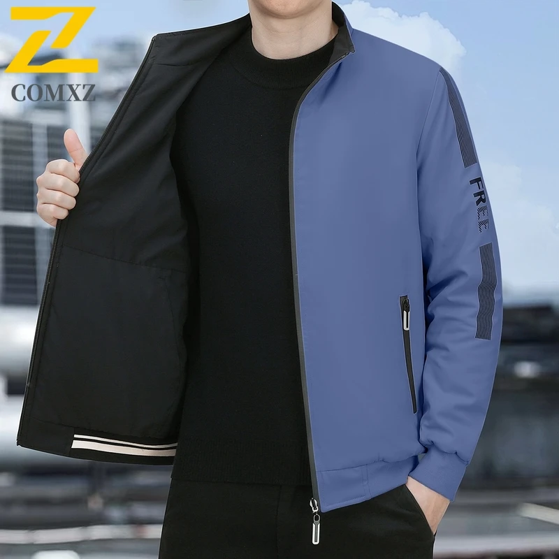 

Men's Jacket 2025 Trendy Printed Double Sided Wear Thick Windproof Warm Stand Up Collar Jacket Casual Loose Handsome Zipper Coat